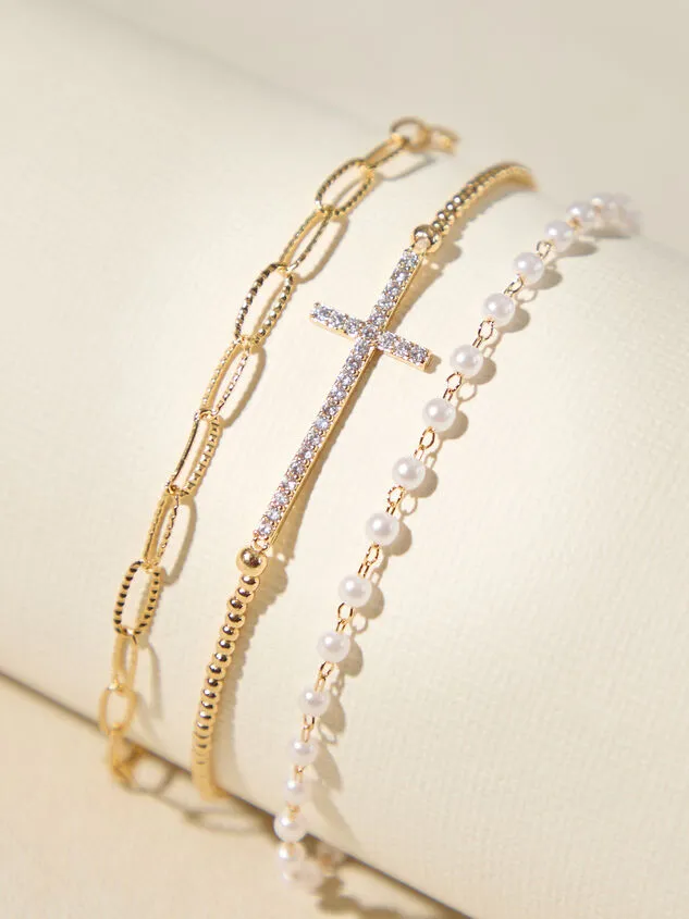 18K Gold Cross Pearl Bracelet Set 18kgold Women Altar039d State Bracelets