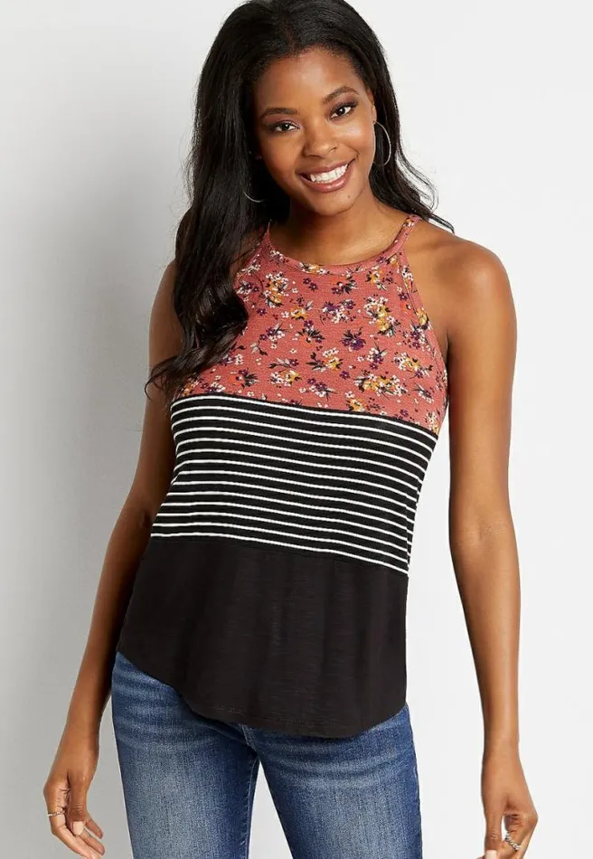 247 Black Striped Floral High Neck Tank Top Women Maurices Tops
