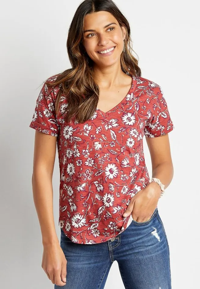 247 Red Floral Drop Shoulder Tee Women Maurices Tops