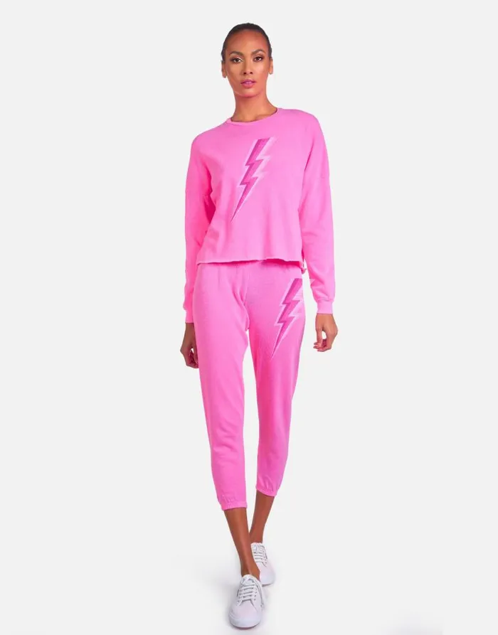 Alana X Pink Lightning Bolt Neon Pink Women Lauren Moshi Crop Sweatpants