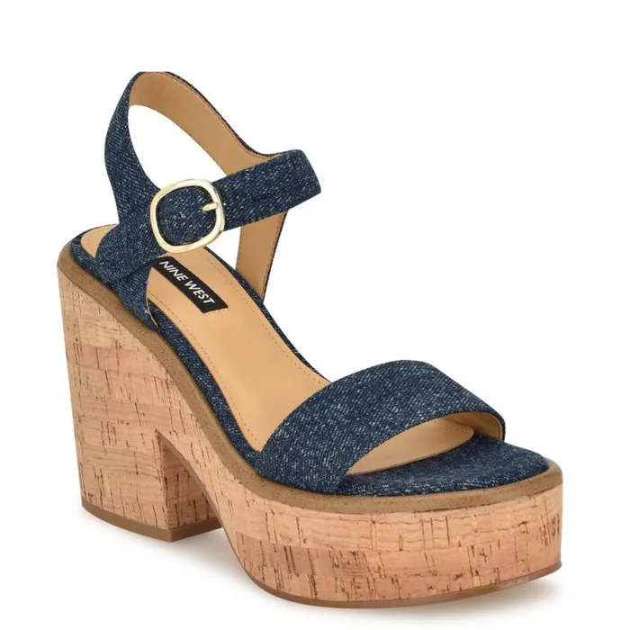 Amye Ankle Strap Wedge Sandals Denim Women Nine West Sandals