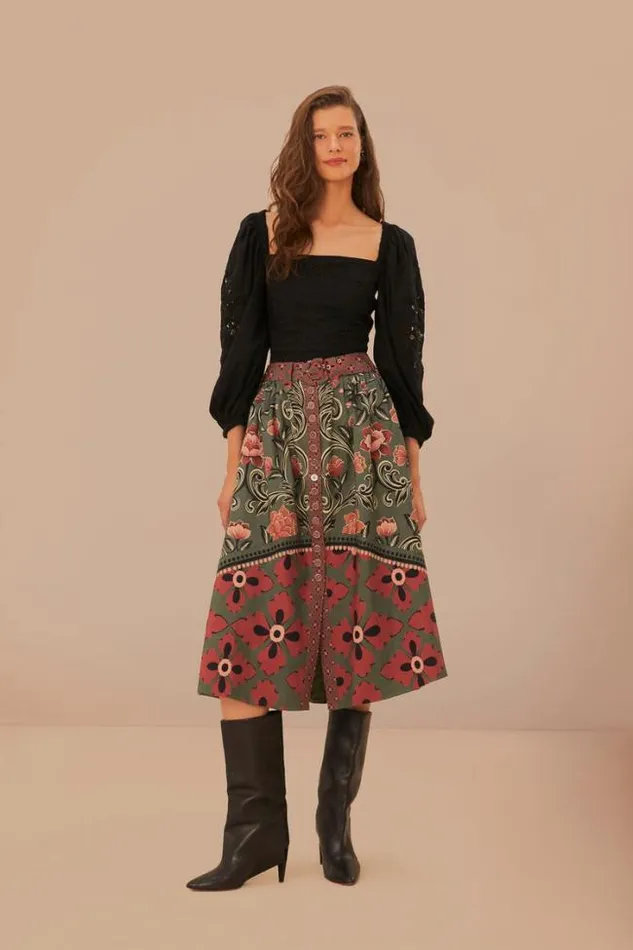 Arabesque Floral Green Buttons Midi Skirt Women FARM Rio Skirts