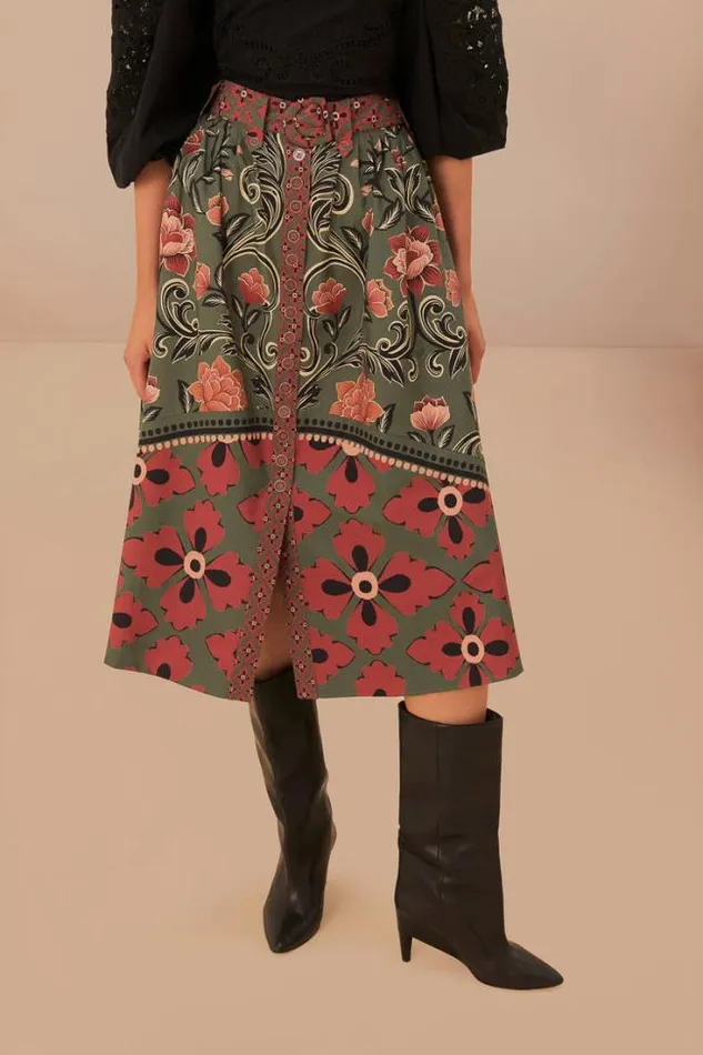 Arabesque Floral Green Buttons Midi Skirt Women FARM Rio Skirts
