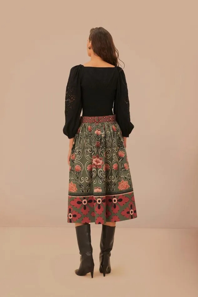 Arabesque Floral Green Buttons Midi Skirt Women FARM Rio Skirts