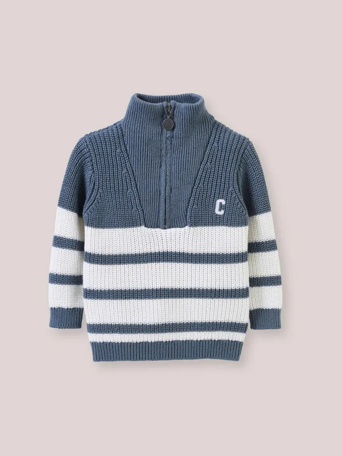 Baby Baby Boy Cyrillus Organic Cotton Sweater With Zip Neckline Rayure Bleuecru