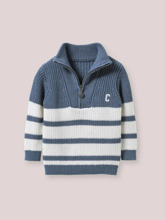 Baby Baby Boy Cyrillus Organic Cotton Sweater With Zip Neckline Rayure Bleuecru