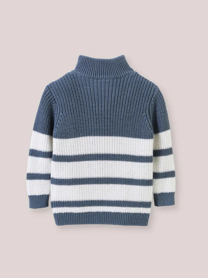 Baby Baby Boy Cyrillus Organic Cotton Sweater With Zip Neckline Rayure Bleuecru