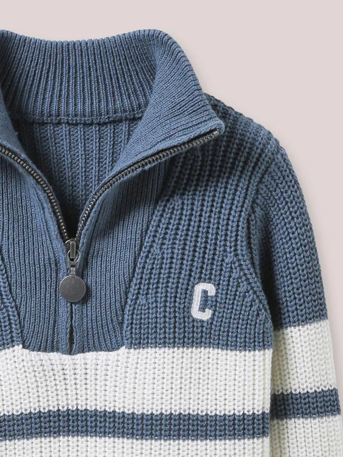 Baby Baby Boy Cyrillus Organic Cotton Sweater With Zip Neckline Rayure Bleuecru