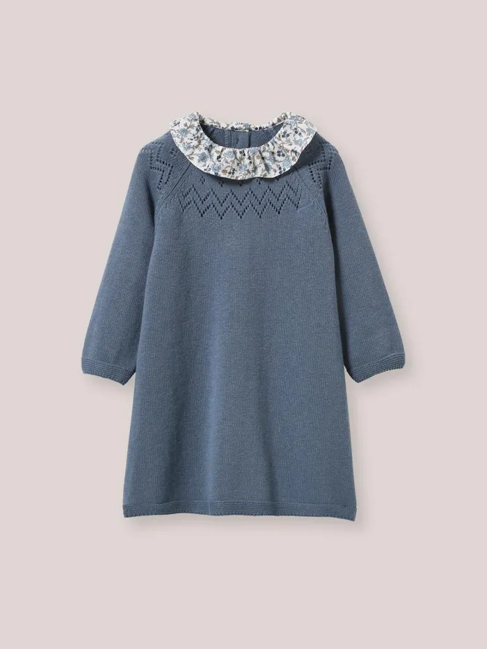 Baby Baby Girl Cyrillus Knit Dress With Collar Made With Liberty Fabric Bleu Froid