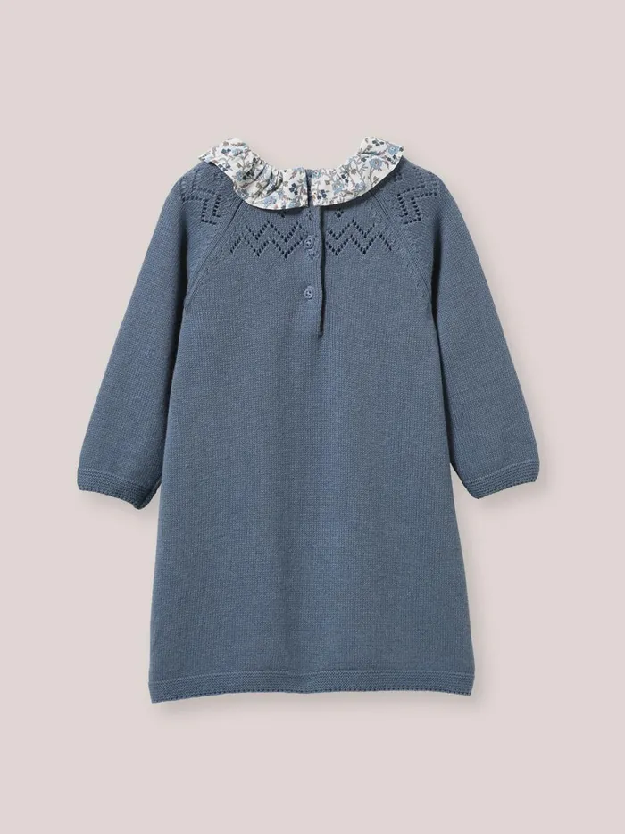 Baby Baby Girl Cyrillus Knit Dress With Collar Made With Liberty Fabric Bleu Froid