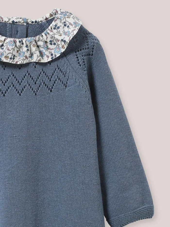 Baby Baby Girl Cyrillus Knit Dress With Collar Made With Liberty Fabric Bleu Froid