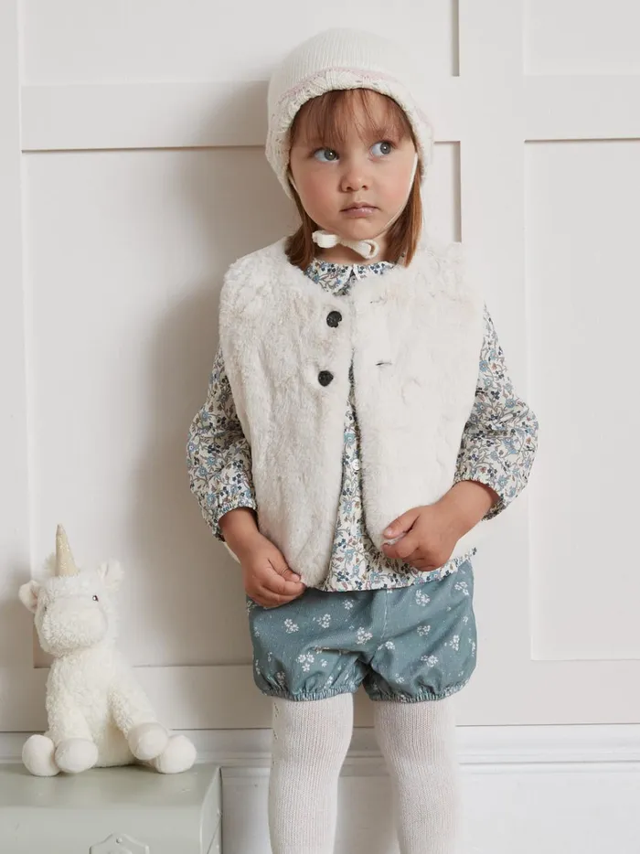 Baby Baby Girl Cyrillus Velour And Faux Fur Reversible Jacket Ecru