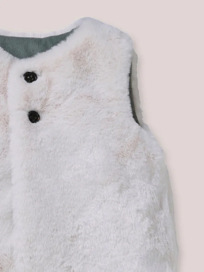 Baby Baby Girl Cyrillus Velour And Faux Fur Reversible Jacket Ecru