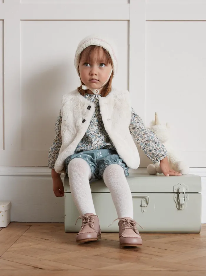 Baby Baby Girl Cyrillus Velour And Faux Fur Reversible Jacket Ecru