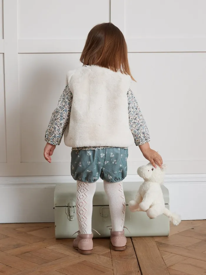 Baby Baby Girl Cyrillus Velour And Faux Fur Reversible Jacket Ecru