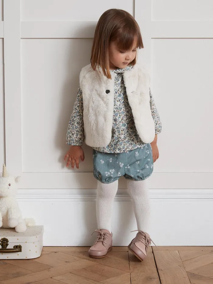 Baby Baby Girl Cyrillus Velour And Faux Fur Reversible Jacket Ecru