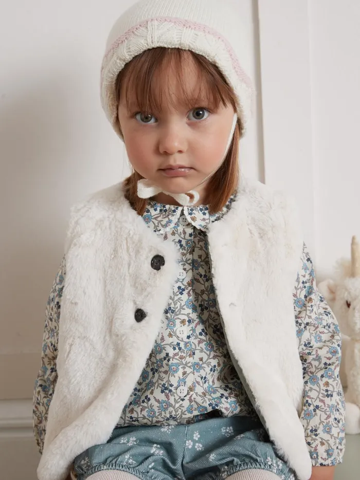 Baby Baby Girl Cyrillus Velour And Faux Fur Reversible Jacket Ecru