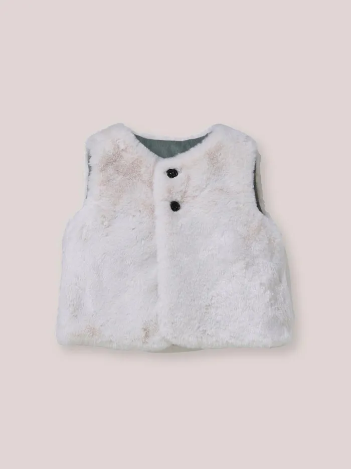 Baby Baby Girl Cyrillus Velour And Faux Fur Reversible Jacket Ecru