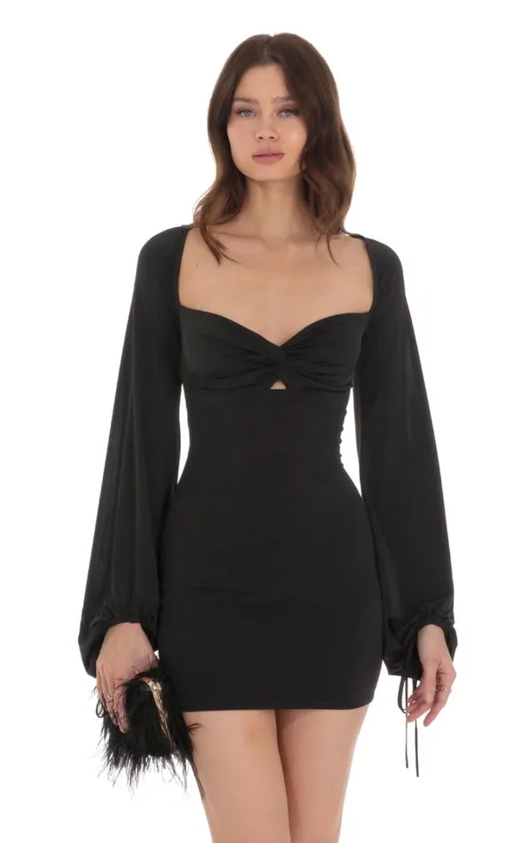 Ballon Sleeve Twist Bodycon Dress Black Women LUCY IN THE SKY Mini Dresses