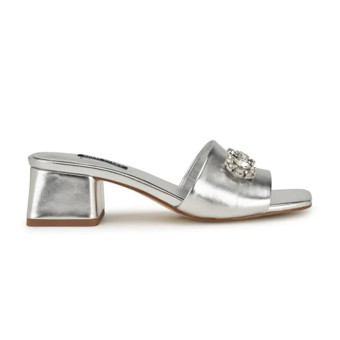 Bamsy Block Heel Slide Sandals Silver Women Nine West Heels