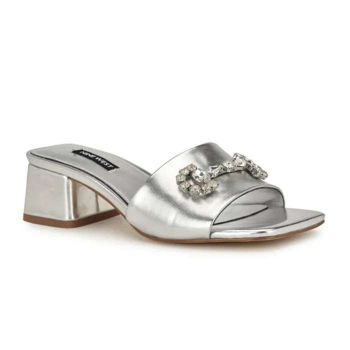 Bamsy Block Heel Slide Sandals Silver Women Nine West Heels