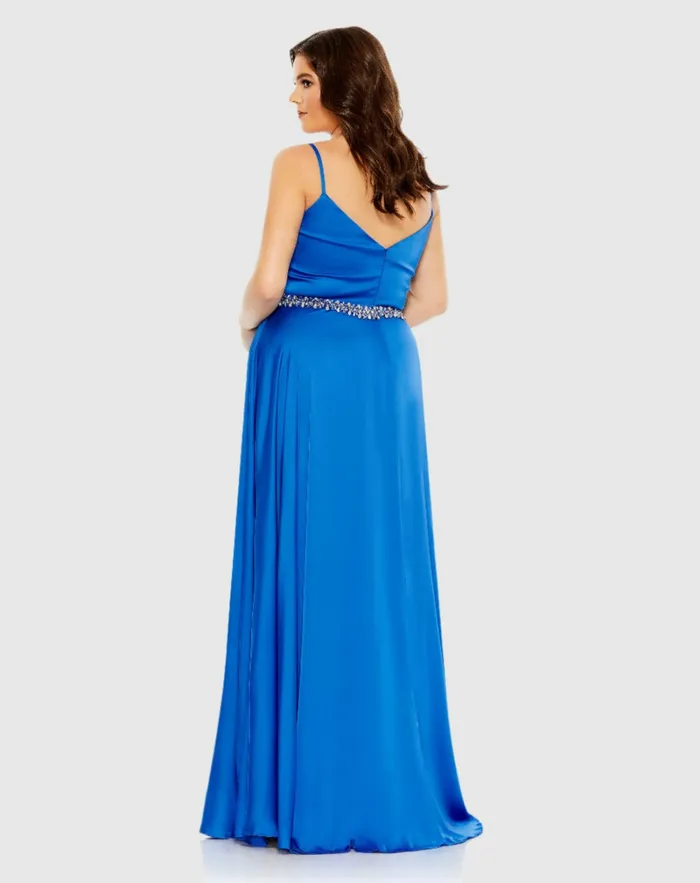 Beaded Belt Faux Wrap A Line Gown Plus Cobalt Women Plus Size Dresses Mac Duggal