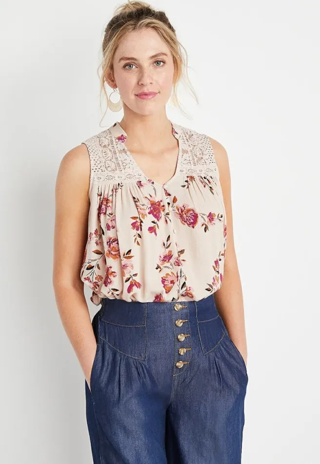 Beige Floral Button Front Lace Tank Top Women Maurices Tops