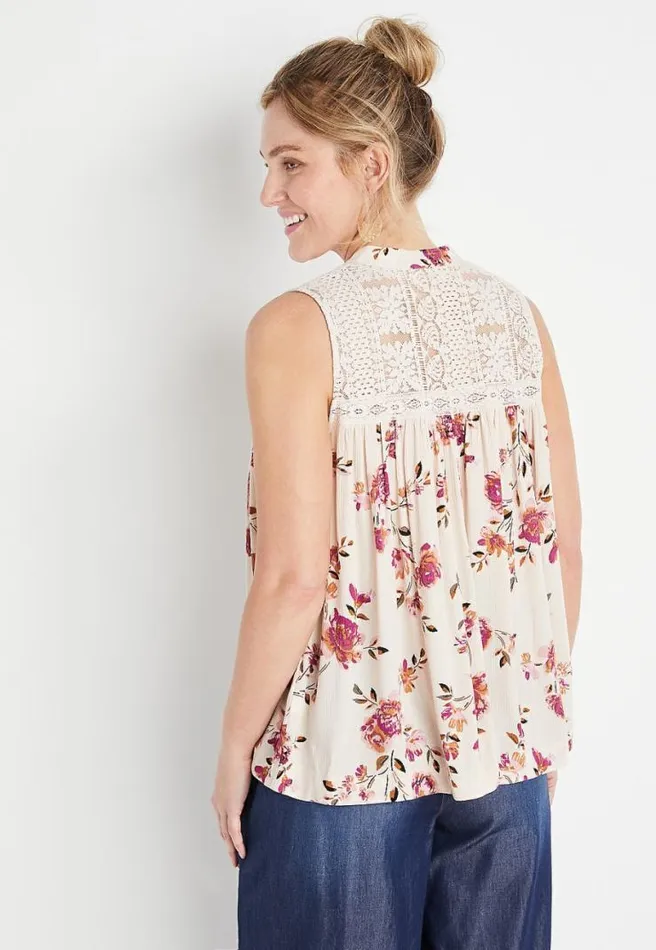 Beige Floral Button Front Lace Tank Top Women Maurices Tops