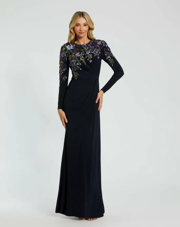 Best Sellers Mac Duggal Women Embellished Long Sleeve Fitted Jersey Gown Midnight