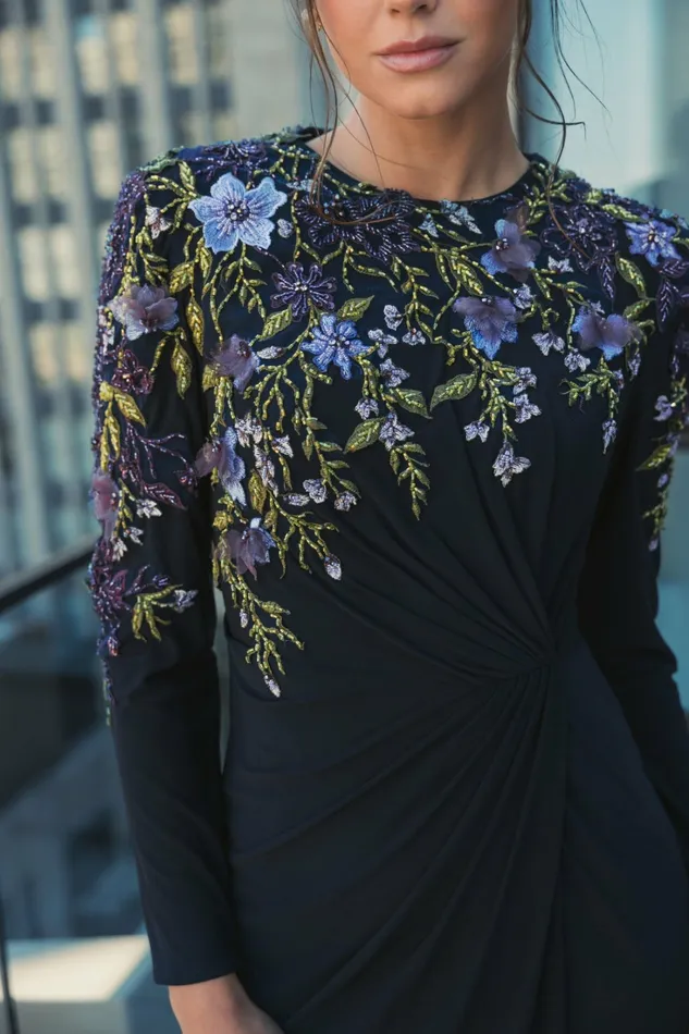 Best Sellers Mac Duggal Women Embellished Long Sleeve Fitted Jersey Gown Midnight