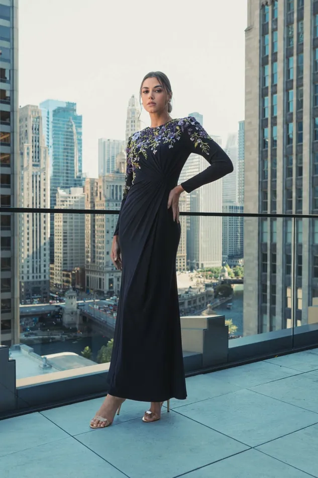 Best Sellers Mac Duggal Women Embellished Long Sleeve Fitted Jersey Gown Midnight
