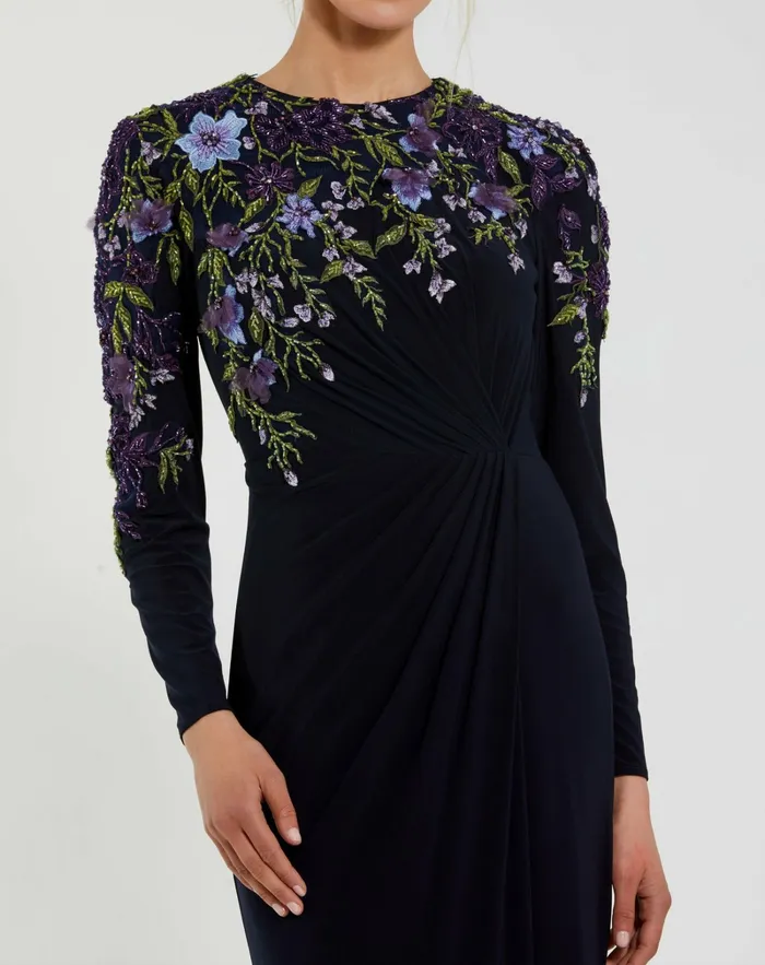 Best Sellers Mac Duggal Women Embellished Long Sleeve Fitted Jersey Gown Midnight