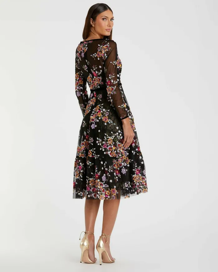 Black Floral Embroidered Tea Length Dress Black Multi Cocktail Dresses Mac Duggal Women