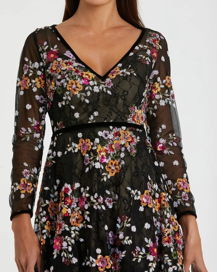 Black Floral Embroidered Tea Length Dress Black Multi Cocktail Dresses Mac Duggal Women