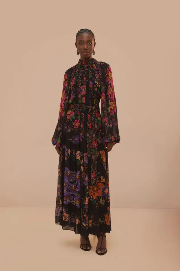 Black Floral Scarves High Neck Maxi Dress Women FARM Rio Maxi Dresses