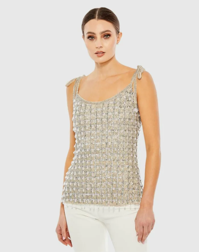 Blouses and Tops Mac Duggal Women Crystal Embellished Soft Tie Cami Top 8211 FINAL SALE Nude
