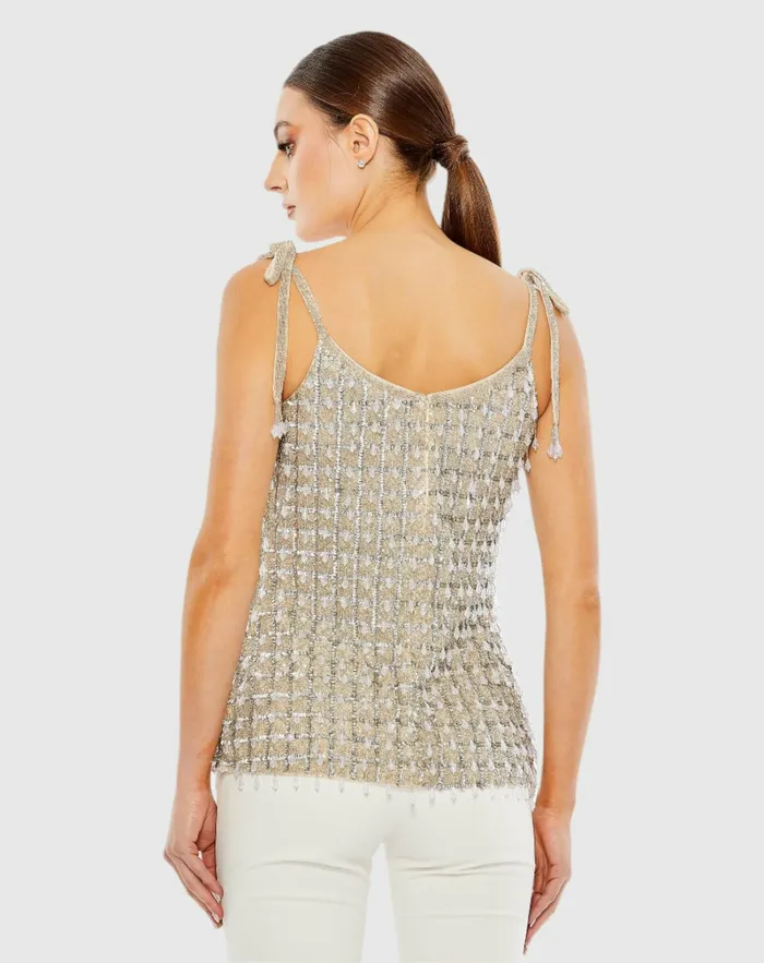 Blouses and Tops Mac Duggal Women Crystal Embellished Soft Tie Cami Top 8211 FINAL SALE Nude