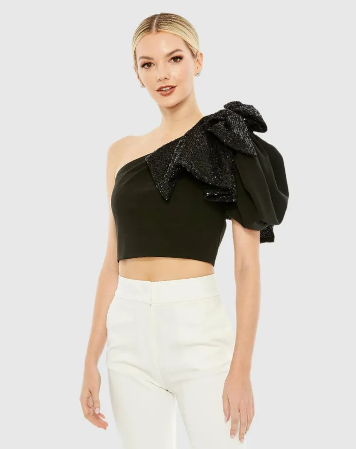 Blouses and Tops One Shoulder Sequin Bow Short Sleeve Top 8211 FINAL SALE Black 8211 Mac Duggal Women Blouses and Tops One Shoulder Sequin Bow Short Sleeve Top 8211 FINAL SALE Black 8211 Mac Duggal Women