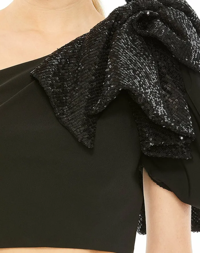 Blouses and Tops One Shoulder Sequin Bow Short Sleeve Top 8211 FINAL SALE Black 8211 Mac Duggal Women