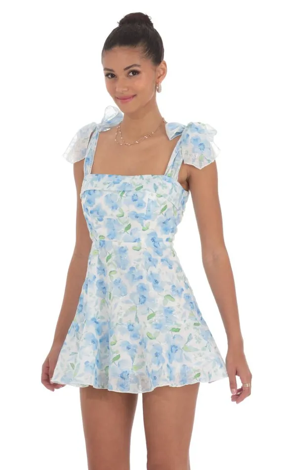 Blue Floral Aline Dress White Women LUCY IN THE SKY Mini Dresses
