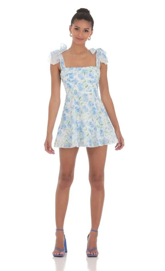 Blue Floral Aline Dress White Women LUCY IN THE SKY Mini Dresses