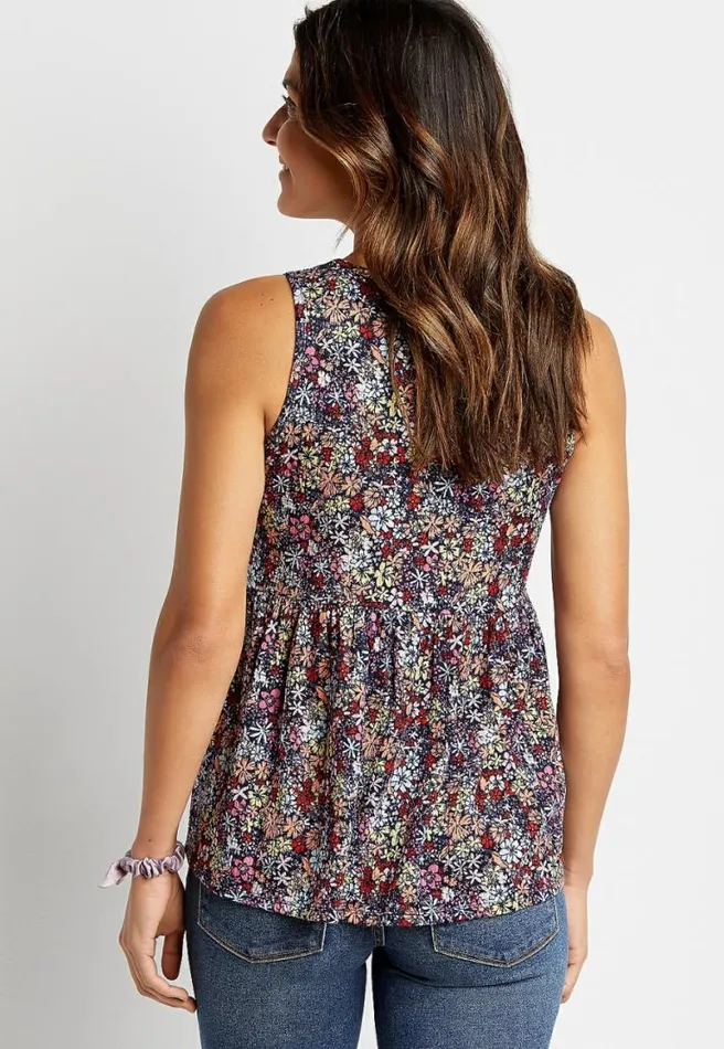 Blue Floral Lace Up Babydoll Tank Top Women Maurices Tops