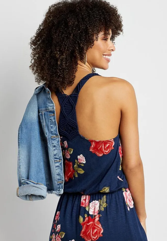 Blue Floral Macrame Back Maxi Dress Women Maurices Dresses and Jumpsuits