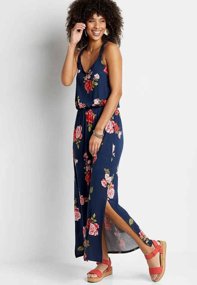 Blue Floral Macrame Back Maxi Dress Women Maurices Dresses and Jumpsuits