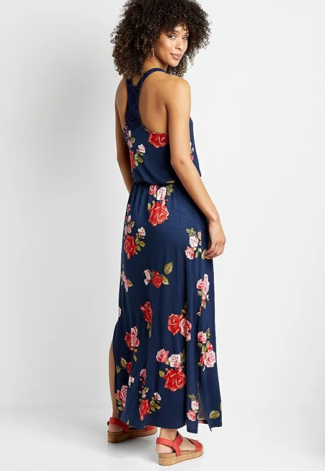 Blue Floral Macrame Back Maxi Dress Women Maurices Dresses and Jumpsuits