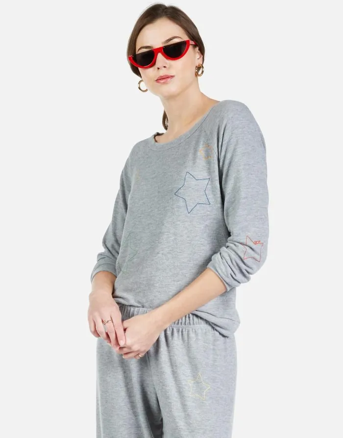 Brenna Color Star Embroidery Heather Grey Women Lauren Moshi Long Sleeve