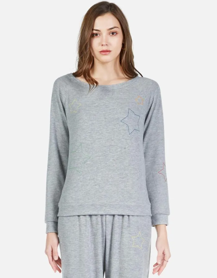 Brenna Color Star Embroidery Heather Grey Women Lauren Moshi Long Sleeve