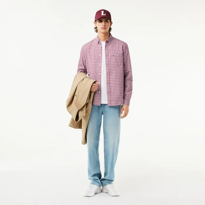 Button Down Shirts Men Lacoste Men039s Checked Poplin Shirt Bordeaux White Iny