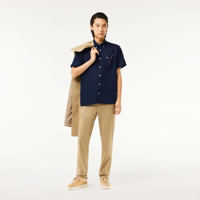 Button Down Shirts Men Lacoste Mens Short Sleeve Linen Shirt Navy Blue 166