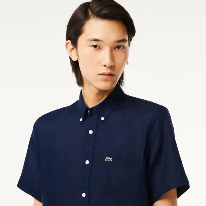 Button Down Shirts Men Lacoste Mens Short Sleeve Linen Shirt Navy Blue 166